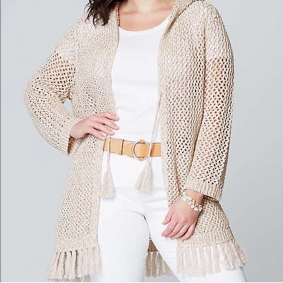 J. Jill Sweaters - JJill Crochet Taupe Cardigan Tassel Details & Hood